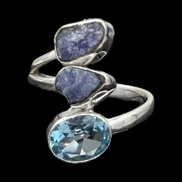 Natural Raw Tanzanite Blue Topaz Ring 925 Sterling Silver Size 8 - Picture 3 of 6